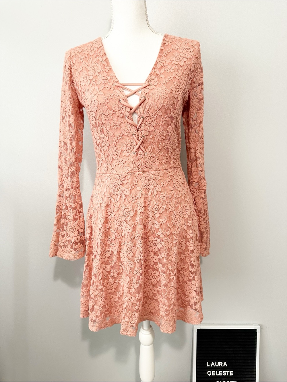Fashion Nova Pink Lace Long-Sleeve Lace-Up Fit & Flare Dress bell sleeve large